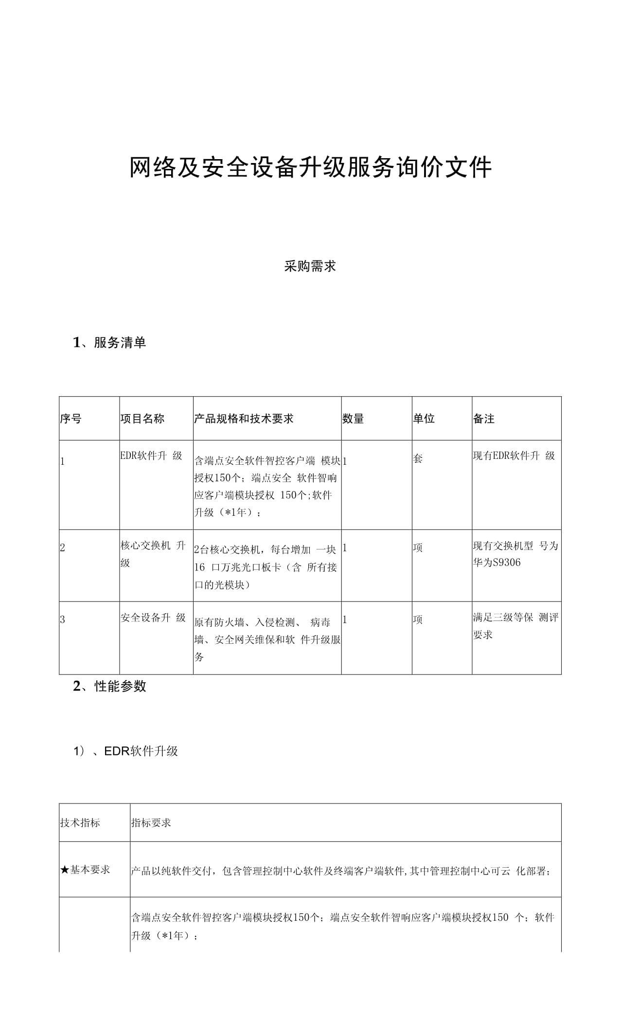 網(wǎng)絡(luò)及安全設(shè)備升級服務(wù)詢價(jià)文件